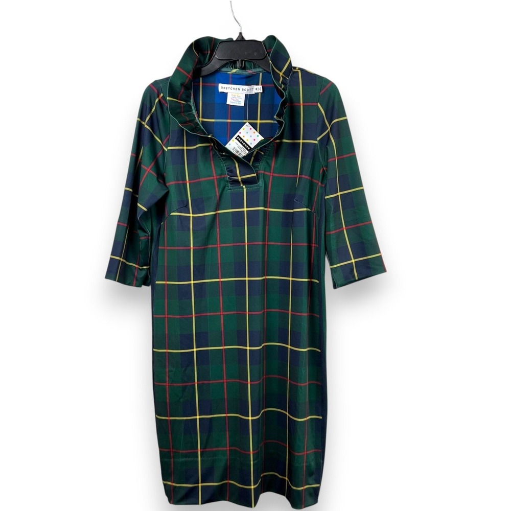 NWT Gretchen Scott Plaidly Cooper Ruffle Neck Dress Womens M Green Plaid Preppy